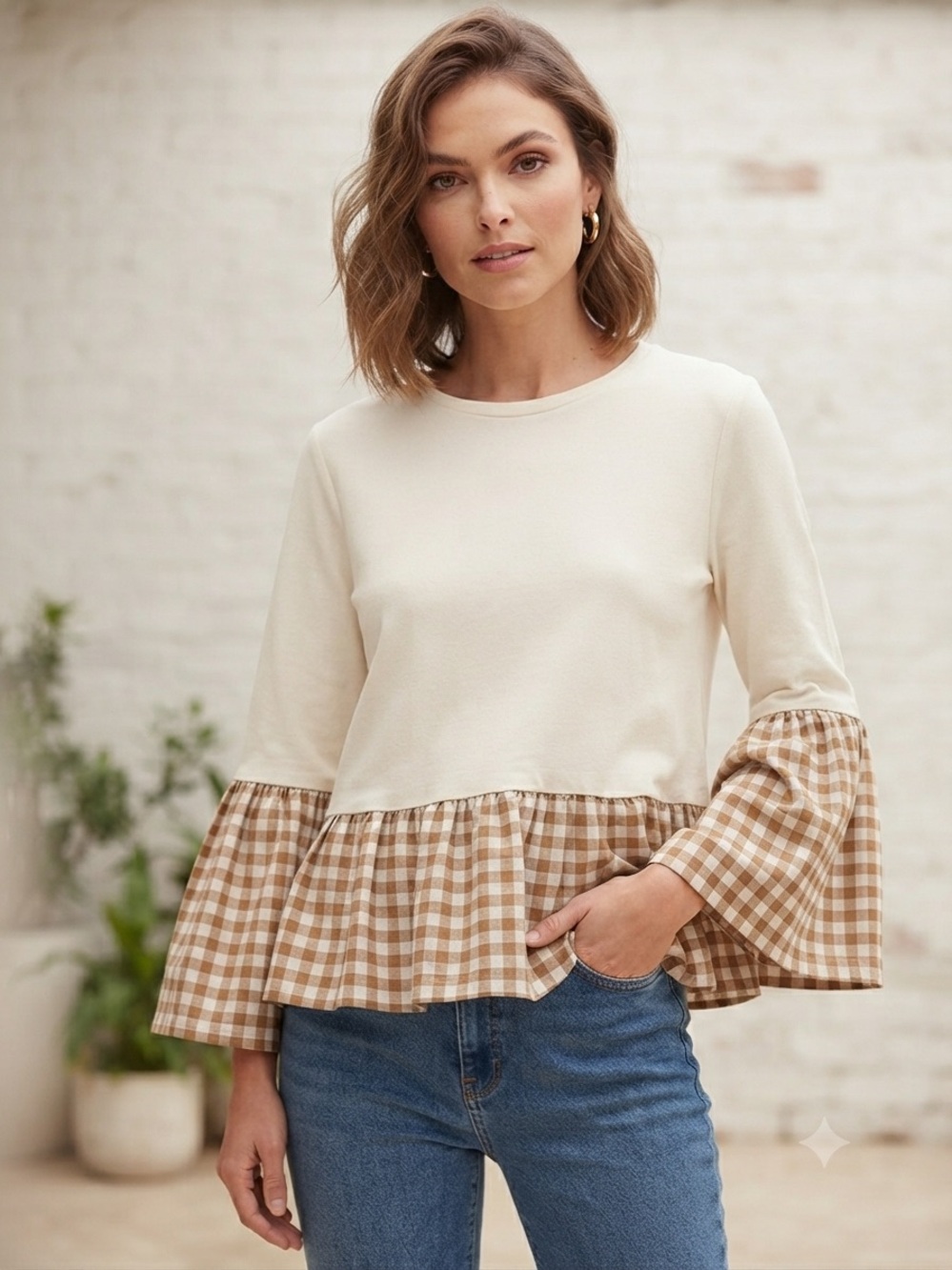 English Factory Cream Long Sleeve Top w/ Brown Gingham Ruffle Trim Bell Sleeves